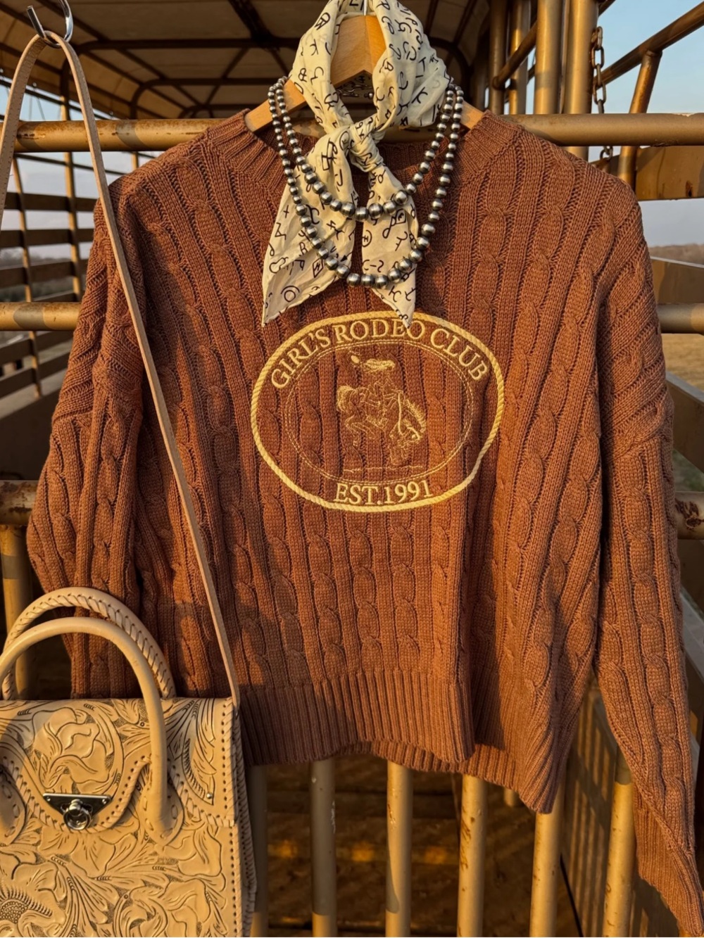 Brown Cable-Knit Crewneck Sweater with 'Girls Rodeo Club' Logo
